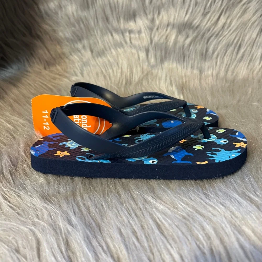 Wonder Nation Flip Flops Toddler Boy Size 11-12 Blue Ocean Animals Sandals Shoes